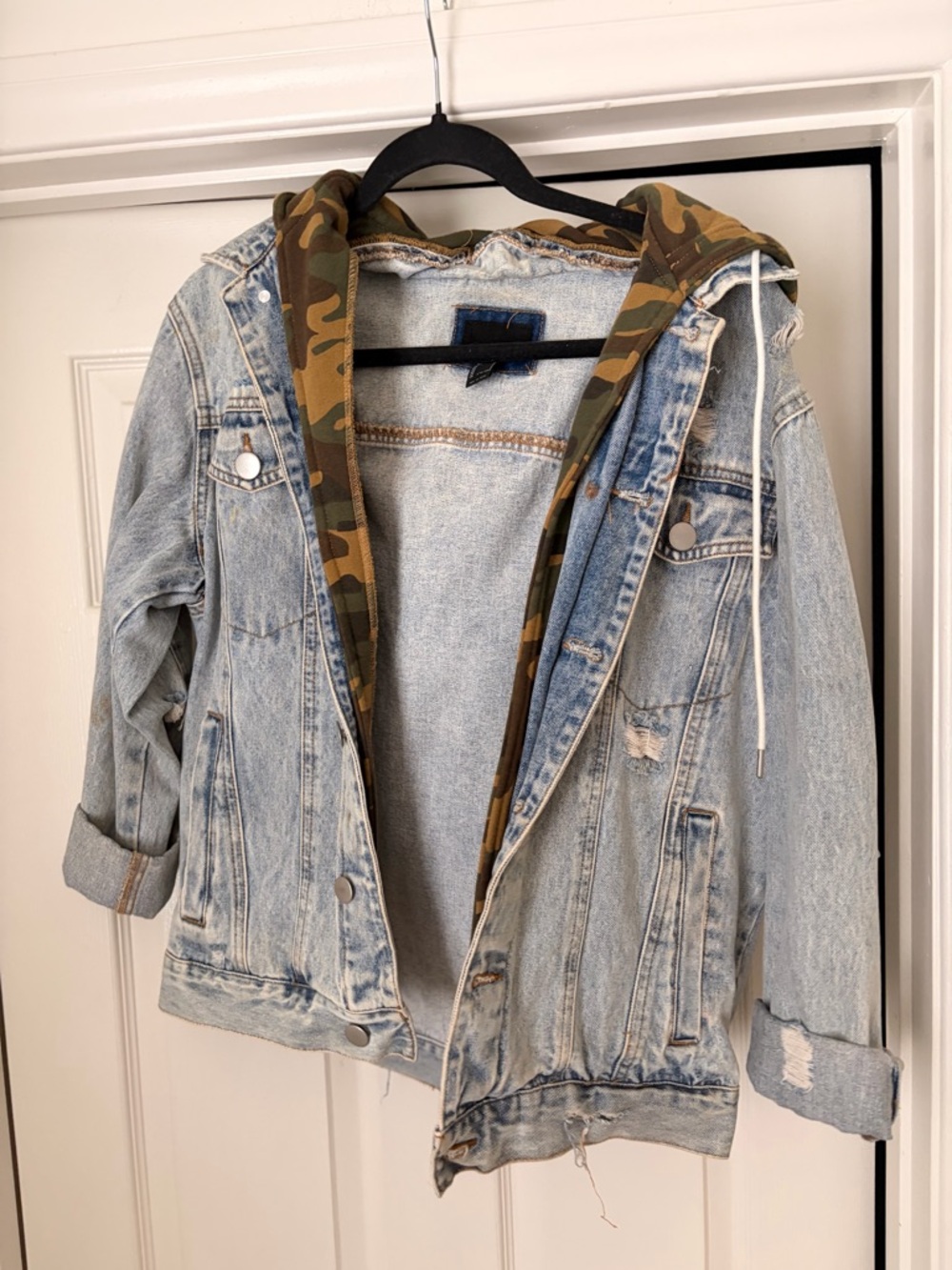 Light Wash Denim Jacket with Camo Hood for Kids
